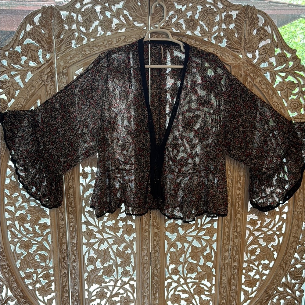 Floral Sheer Flowing Free People Kimono with Black Trim